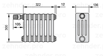 Схема (чертеж) Радиатор Zehnder Charleston 4030/7 №V012 Белый глянцевый RAL 9016